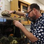 Former environmental science teacher David Whitman drains his fish tank as he moves out of E210. He currently works as a science teacher at Northrup Elementary. "I already formed an army of fourth graders at my new job," he said. "They're wonderful kids, really."